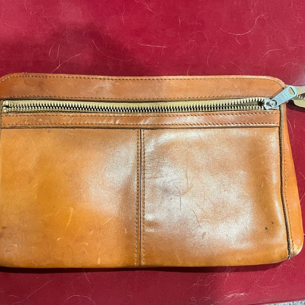 Tan Leather clutch with Smooth Finish and Zipper Closure